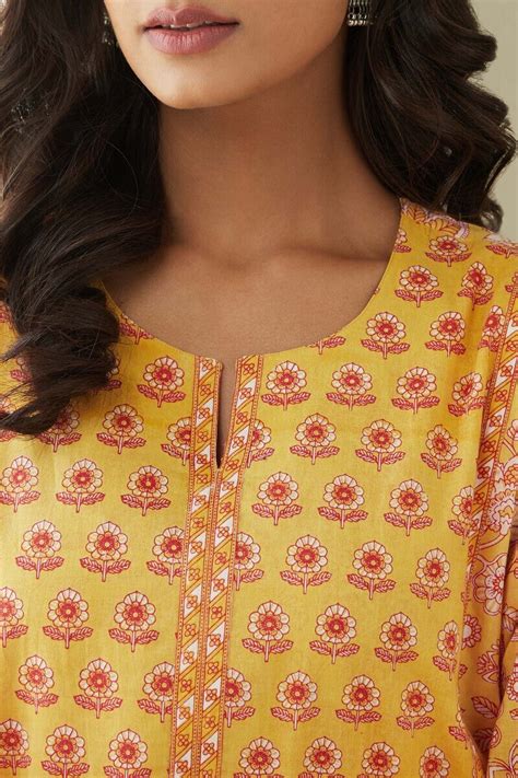 Buy Yellow Hand Printed Cotton Kaftan for Women | FGKF24-57 | Farida ...