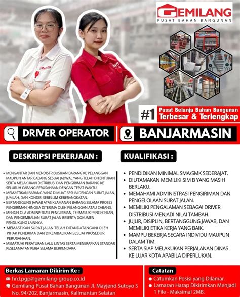 Lowongan Kerja Banjarmasin Driver Operator Gemilang Pusat Bahan ...