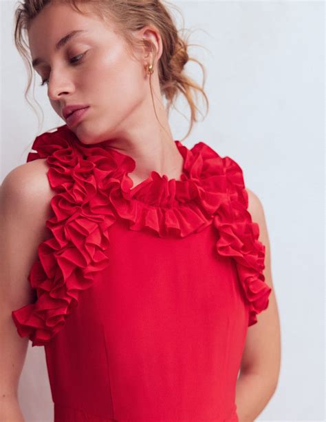 Ruffle Silk Midi Dress-Red | Boden UK