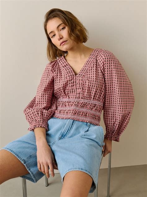 Buy Brown/Red Heart Gingham Smocked V-Neck Long Sleeve Blouse from Next ...