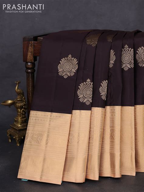 Pure kanchipuram silk saree coffee brown and sandal with zari woven bu ...