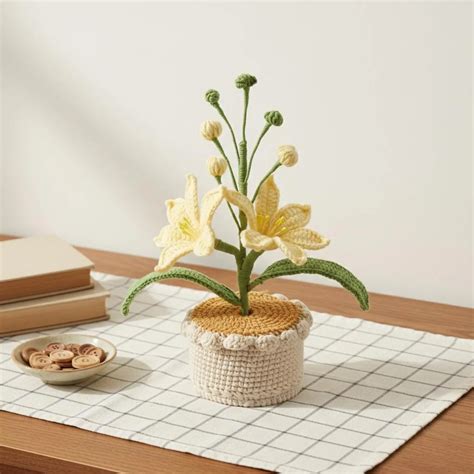 Handmade Crochet Lily Flower Pot 10 Inch, Home Decor Gift For Her