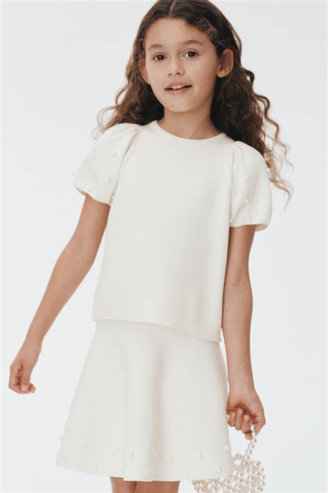 Bead-detail fine-knit skirt - White - Kids | H&M IN