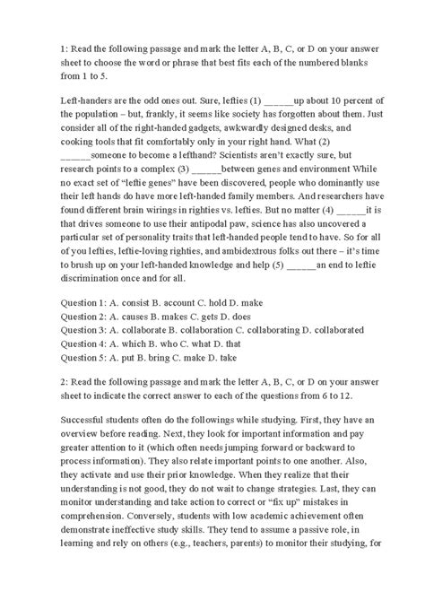 Practice - Mẫu: Answer Sheet for Reading Comprehension Questions - Studocu