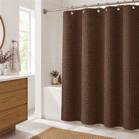 Brown 72"W x 72"L Waffle Weave Heavyweight Cotton Blend Shower Curtain ...