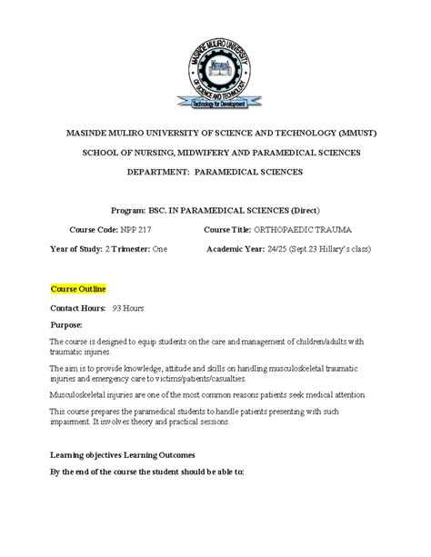 Course Outline: Orthopaedic Trauma (NPP 217) - Year 2, Trimester 1 ...