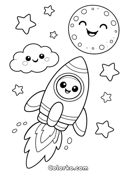 Kawaii Rocket and Happy Moon Coloring Page for Preschoolers