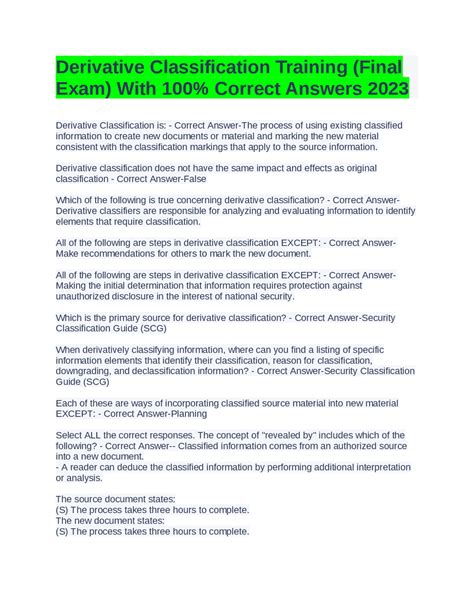 Derivative Classification Training (Final Exam) With 100% Correct ... - One For All