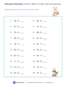 Subtract 1-digit from a 2-digit number (with regrouping) Worksheets for ...