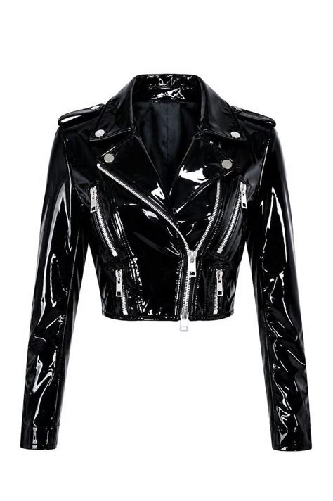 Women’s Black Glossy Patent Leather Biker Jacket Cropped Moto Jacket ...