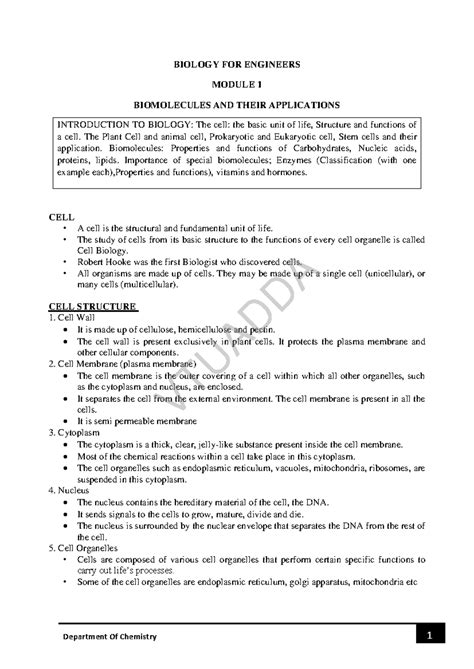BIOLOGY FOR ENGINEERS: MODULE 1 - BIOMOLECULES & CELL STRUCTURE - Studocu