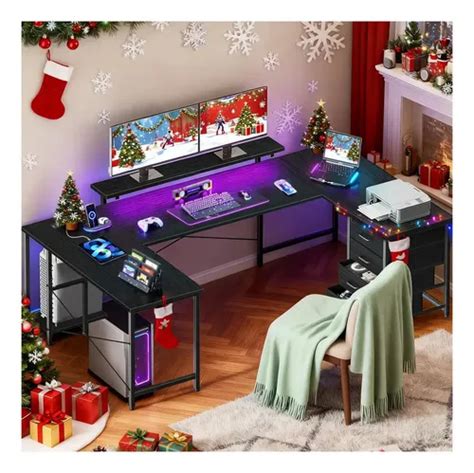 Hogar Escritorio Gamer en U 167x100x85cm con 4 Cajones, Luz LED RGB ...