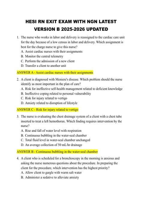 HESI RN EXIT EXAM WITH NGN LATEST VERSION B 2026 - NURSING - Stuvia US