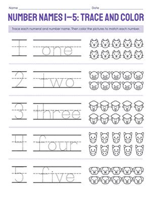 Number Names 1–5: Trace and Color | Worksheet | Education.com