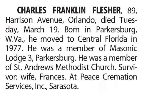 Obituary for CHARLES FRANKLIN FLESHER - Newspapers.com™