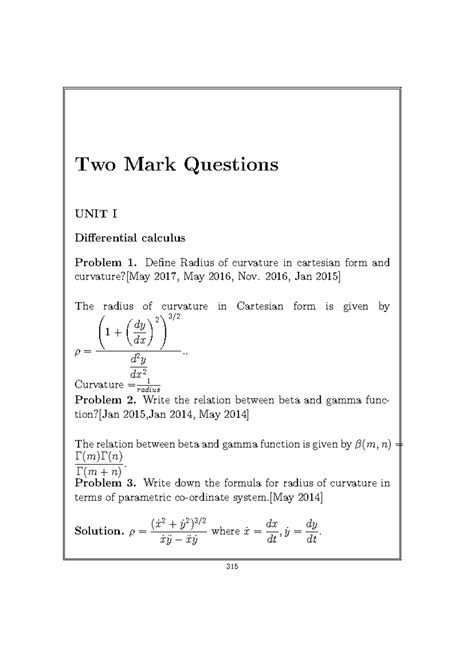 Two Mark Questions for M1(IQ) - Differential Calculus and Functions ...