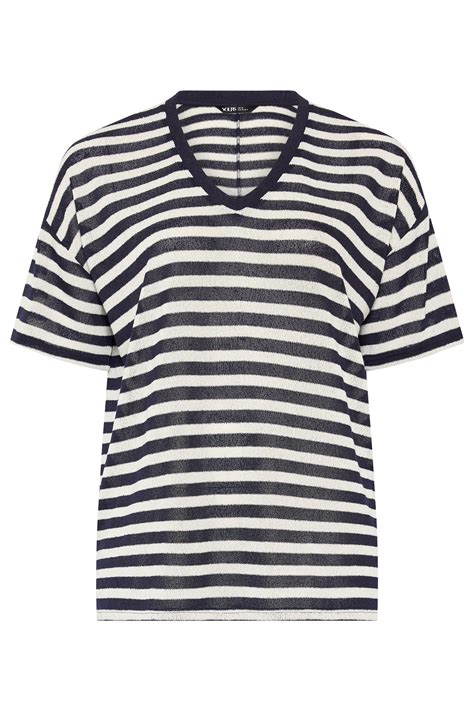 YOURS Plus Size Navy Blue & Ivory White Stripe Knitted T-Shirt | Yours ...