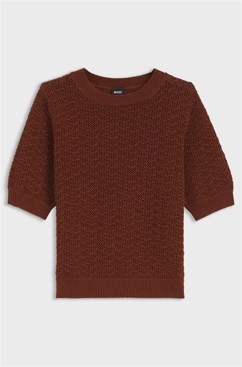 BOSS - Cotton sweater with micro-lace structure - Brown