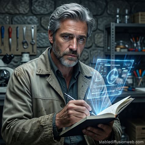 wearing a simple work coat stained on the sleeves he has delicate features Prompts | Stable ...