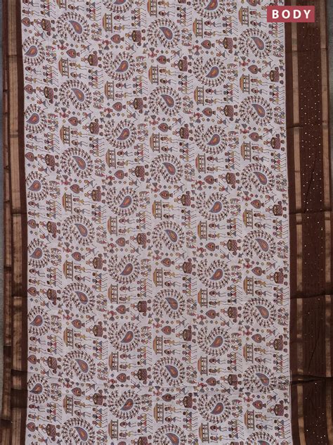 Semi dola saree off white and brown with warli prints and zari woven s ...