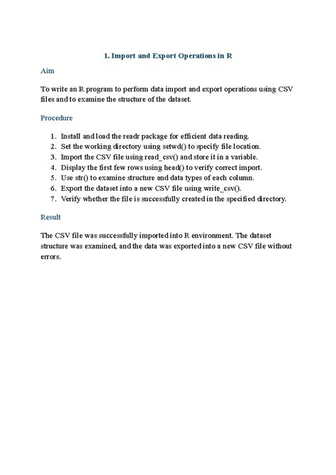 R Lab Procedures: Import, Export, and Data Analysis Techniques - Studocu