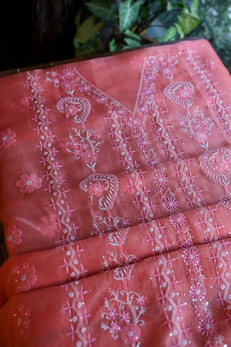 Carrot Pink Shade Organza Silk Chikankari Unstitched Fabric
