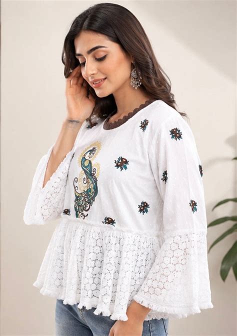 White Peacock Embroidered Bell-Sleeve Top with Crochet Hem – Purvi Jaipur