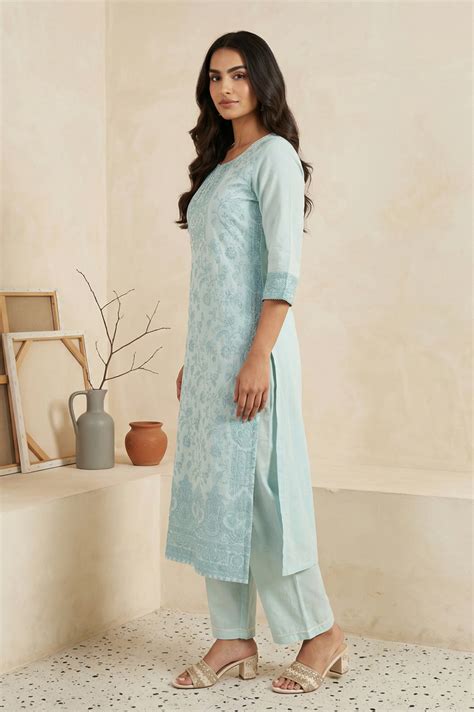 Buy Light Blue Floral Cotton Blend Straight Kurta with Palazzo and ...