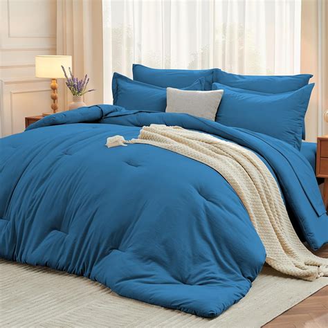 7-Piece Queen Greyish Blue Soft Comforter Set, All Season Bed in a Bag with Sheets & Pillowcases ...