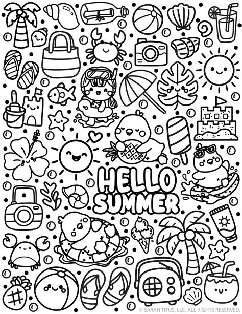 Hello Summer Coloring Page (Cute Kawaii Beach Coloring Fun) - Sarah Titus