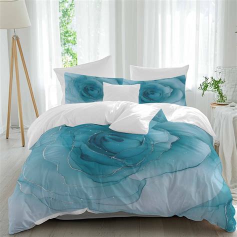 3 Piece Marble Teal Blue Duvet Cover Set California King,Microfiber ...