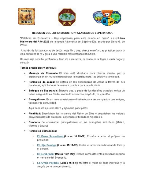 Resumen del Libro Misionero 2026: Esperanza y Parábolas de Jesús - Studocu