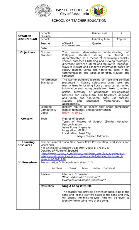 Detailed Lesson Plan on Figures of Speech (ENG 2) - Studocu