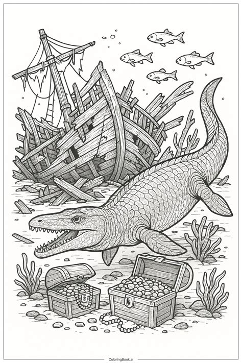 Mosasaurus With Shipwreck Ruins Coloring Page (Free PDF&PNG Printable)