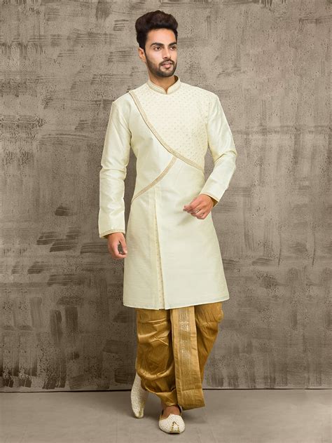 Regal Cream Peshwai Set with Gold Dhoti – Suvidha Fashion