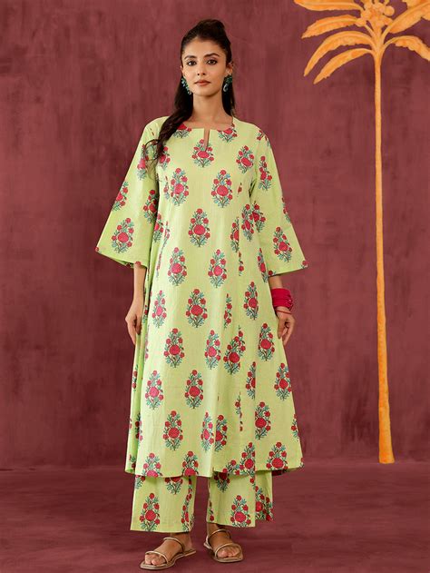 Green White Printed Cotton Kurta with Palazzo - Set of 2