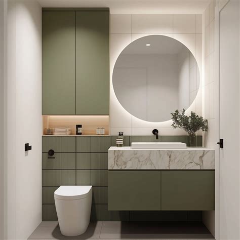 Green and White Minimal Bathroom Design with Floating Vanity Storage ...