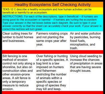 Human Activities in Ecosystems Self Checking Activity | 5th Grade Science