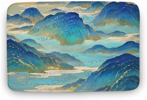 Blue and Gold Decor Mountain Printed Floor Bath Mat 20x32 Inches ...