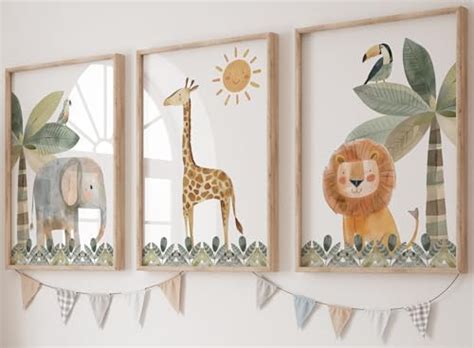 Eviepops Prints Cute Safari Animals Set of 3 Unframed Prints for Baby ...