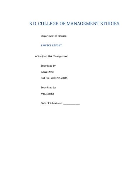 S.D. COLLEGE OF MANAGEMENT STUDIES: Project Report on Risk Management ...