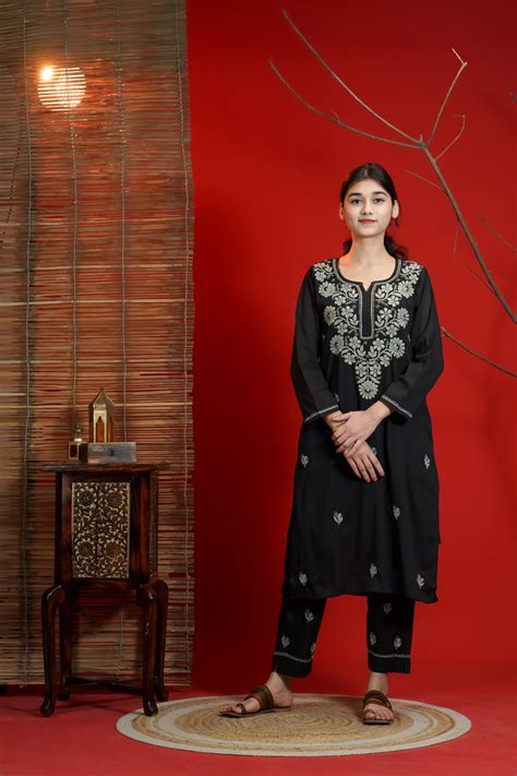 Shwet Women Hand Embroidered Black Kurta Pant set | Chikankari Kurta ...