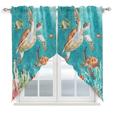 Brown Sea Turtle Coastal Kitchen Window Curtains, Swag Curtains Valance ...