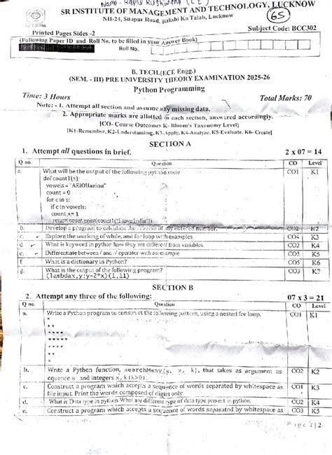 BCC302 Python Programming Final Exam Notes - B.Tech ECE 2nd Year - Studocu