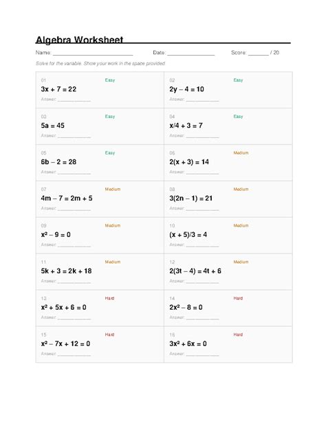 Algebra Worksheet: Practice Problems by Difficulty - Studocu