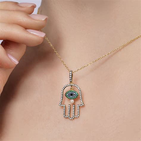 Gold Plated 925 Sterling Silver Multi Color CZ & Pearl Hamsa Pendant ...