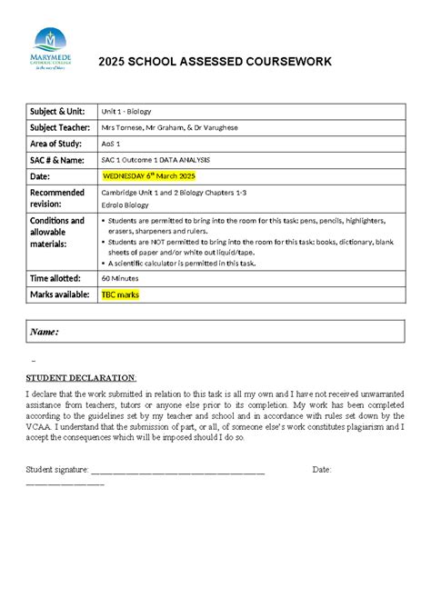 Unit 1 Biology SAC 1 Outcome 1 Data Analysis Criteria 2025 - Studocu