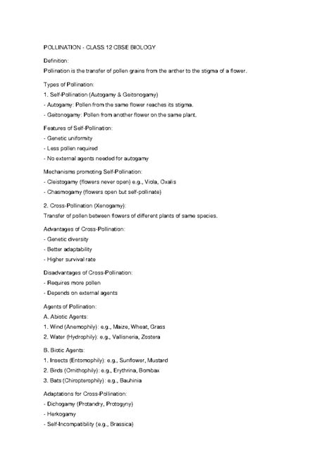 POLLINATION NOTES CLASS 12 CBSE BIOLOGY: TYPES & AGENTS - Studocu