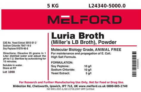 L24340-5000.0 - Luria Broth (Miller’s LB Broth) Animal Free, Powder, 5 Kilograms