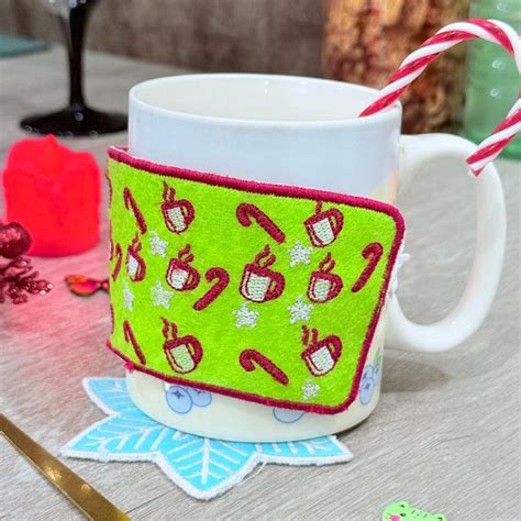 Christmas Mug Wrap Embroidery Design Candy Cane Hot Cocoa Cup Cozy Machine Embroidery File Cup ...